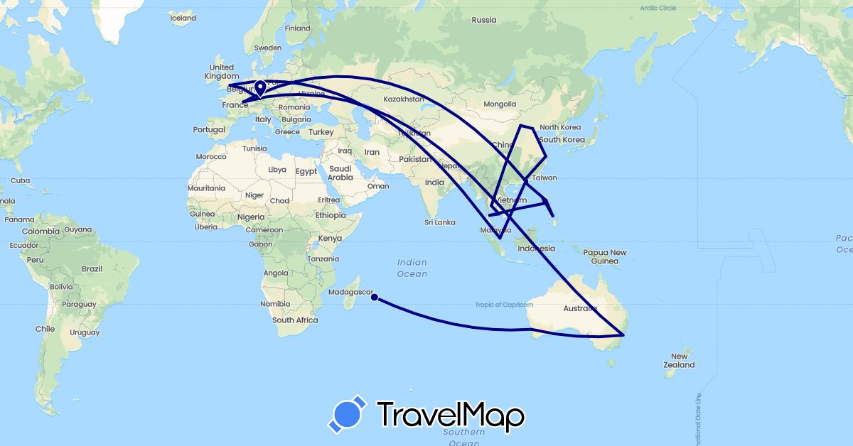 TravelMap itinerary: driving in Australia, Belgium, China, Germany, France, United Kingdom, Hong Kong, Cambodia, Macau, Philippines, Réunion, Singapore, Thailand (Africa, Asia, Europe, Oceania)